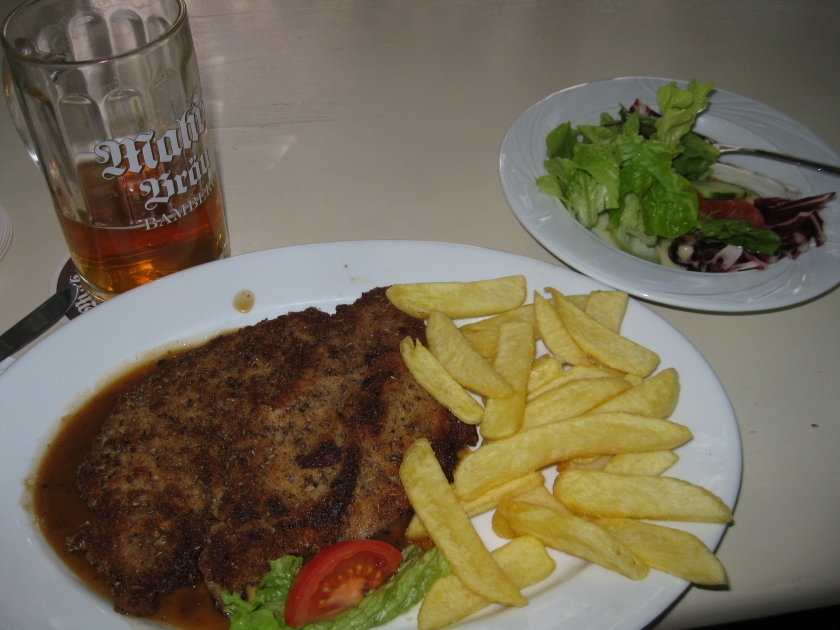 My first truly German dinner: treber Schnitzel. Quite filling.