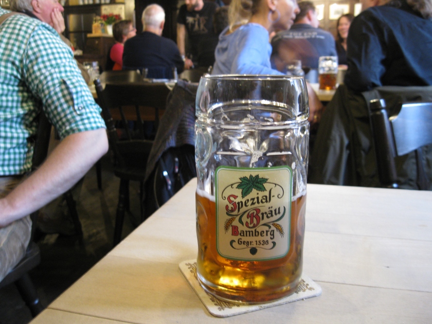 This is the beer that Bamberg is famous for: smoke beer. It's as if someone soaked a bunch of bacon in a pilsner. The dudes just to the left out of frame, wearing lederhosen, were U.S Army guys.