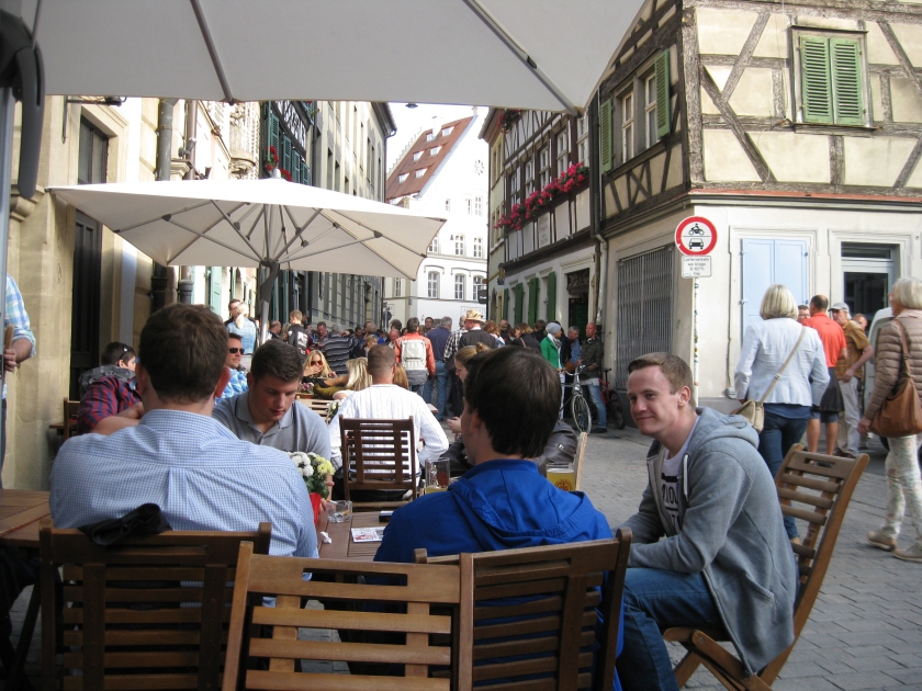 A brewery near the center of touristy Bamberg. Great table for people watching.