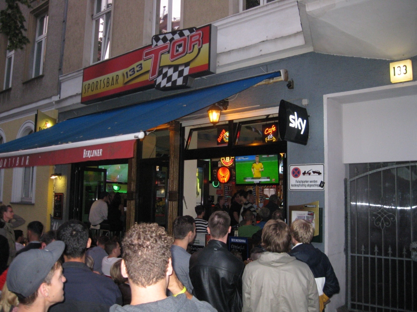 There was a huge soccer match going on between Germany's top two teams. It was standing room inside and outside of every sports bar.